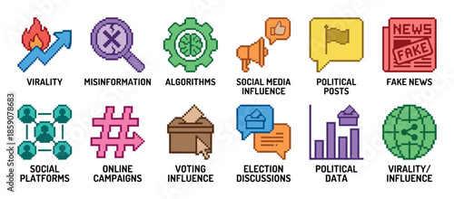 Collection of colorful pixel art icons representing social media influence, politics, and online misinformation concepts like fake news, algorithms, and election discussions