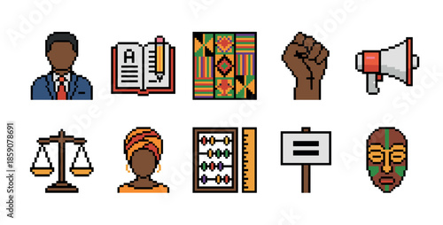 Collection of pixel art icons representing Black history and culture with symbols like a raised fist, kente cloth, scales of justice, and a protest sign in a retro 8-bit style
