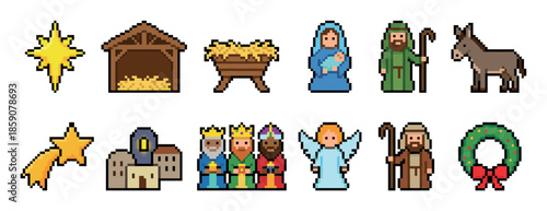 Pixel art nativity scene icon set featuring Mary, Joseph, baby Jesus, wise men, and an angel in a retro 8-bit video game style for Christmas holiday celebration