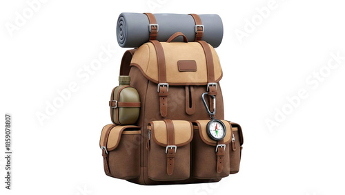 Brown Leather Backpack with Camping Gear