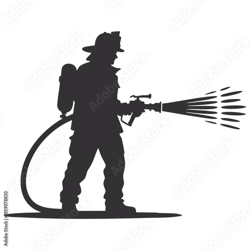 Firefighter standing and actively spraying water from a hose, wearing a helmet and oxygen tank, in a minimalist silhouette vector style.