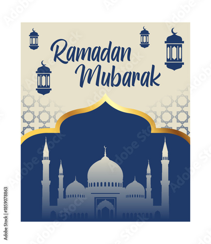 Ramadan Mubarak Greeting with Mosque and Lanterns Illustration