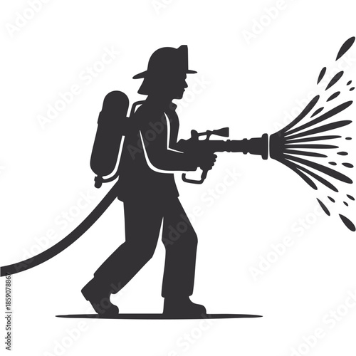 Firefighter walking forward and actively spraying water from a hose, wearing a helmet and oxygen tank, in a minimalist silhouette vector style.