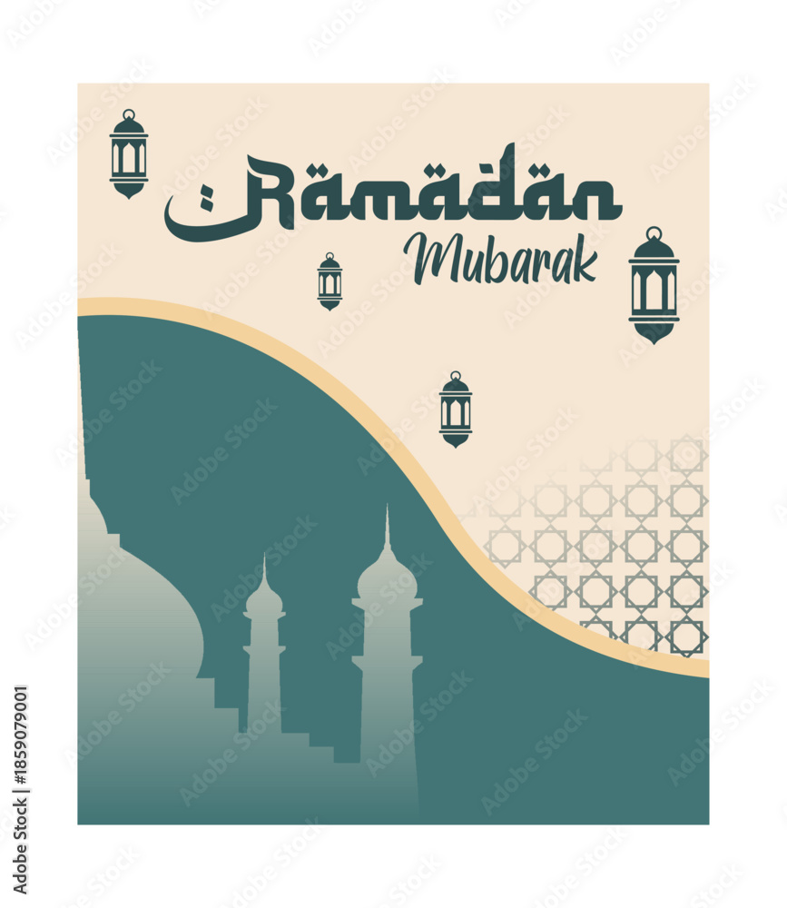 Obraz premium Ramadan Mubarak Greeting with Islamic Architecture and Lanterns