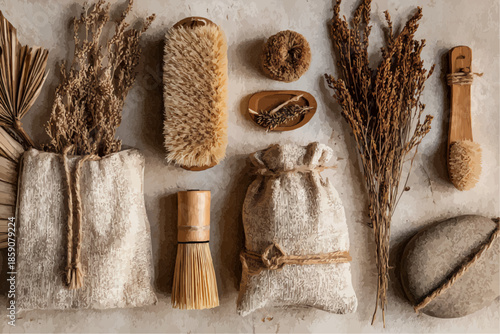 Natural eco friendly home and body care products flat lay