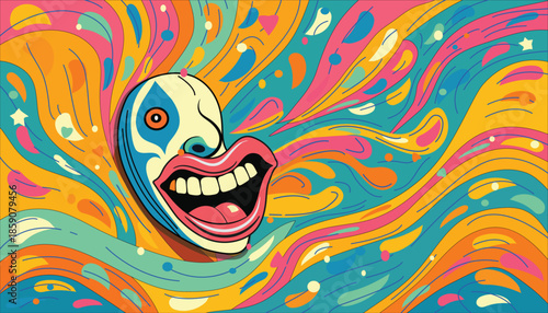weird whimsical face and smiling mouth with vibrant abstract colorful liquid background, swirling fluid acrylic paint wallpaper,  cartoon vector 