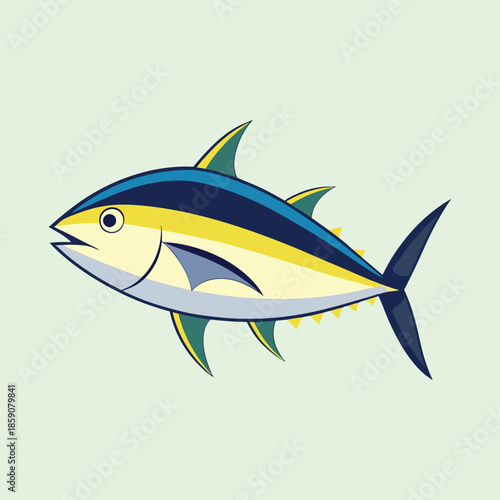 Stylized tuna fish illustration with blue, yellow, and light green colors