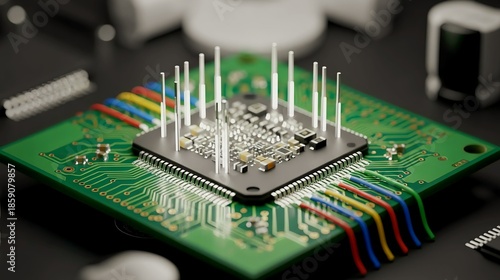 Close-up of a custom microchip module with protruding pins and colorful jumper wires on a green PCB circuit board. Generative AI. 