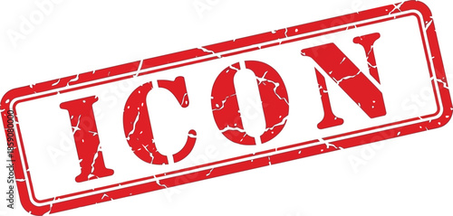 A distressed red rectangular stamp displaying the word icon in bold white capital letters against a white background