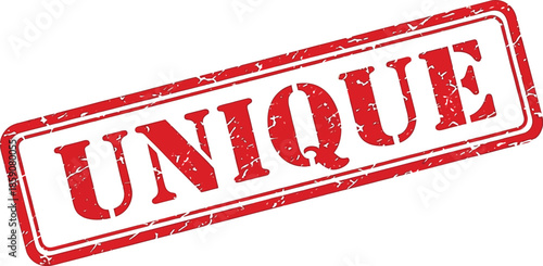 A grunge style red rectangular stamp boldly displaying the word unique in large white capital letters