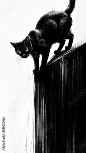 Black and white drawing of a black cat cautiously standing on the edge of a high surface with intense eyes looking forward