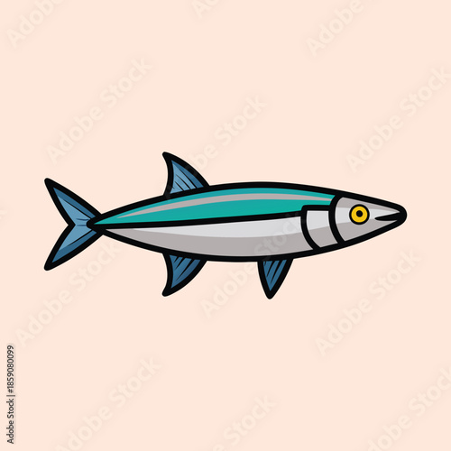 Stylized illustration of a slender, silver and teal colored fish on cream background