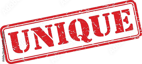 A bold red rectangular stamp with the word unique prominently displayed in large distressed lettering is showcased on a white background