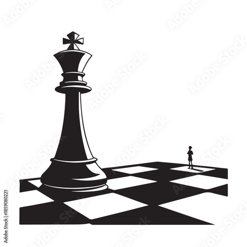 Giant chess king piece towering over small person on board