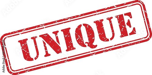 A rectangular red stamp with the word unique prominently displayed in bold distressed white lettering