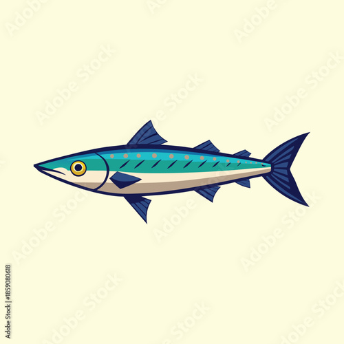 Stylized cartoon barracuda illustration on a solid pale yellow background