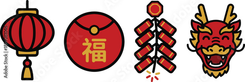 Chinese New Year Icon Set in Bold Line Style. Vector Illustration of Lunar New Year Symbols including Red Lantern, Red Envelope, Firecrackers, and Dragon Head Isolated on White Background
