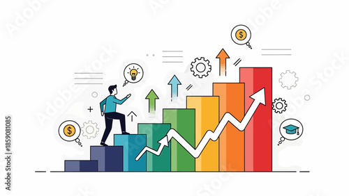 Businessman climbing colorful bar graph with rising arrow.