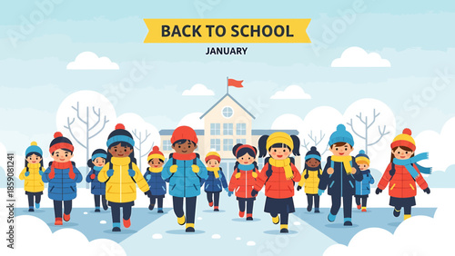 Children Wearing Winter Clothes Walking Together.