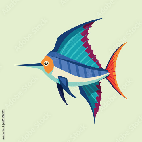 Cartoon illustration of a colorful sailfish swimming gracefully in the ocean