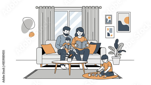 Family Sitting Together on Sofa with Child.