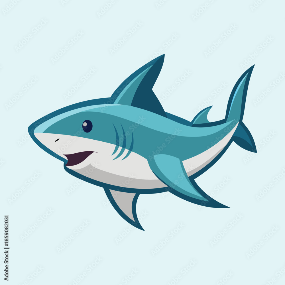 Fototapeta premium Friendly Cartoon Shark Swimming in the Ocean, Cute and Approaching Freely