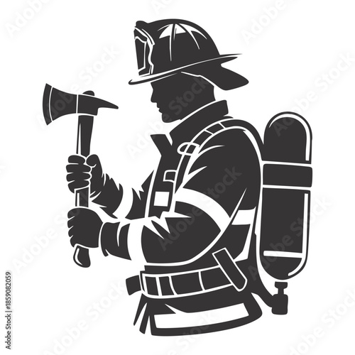 Firefighter holding an axe in a profile view, wearing a helmet and oxygen tank, detailed vector illustration.