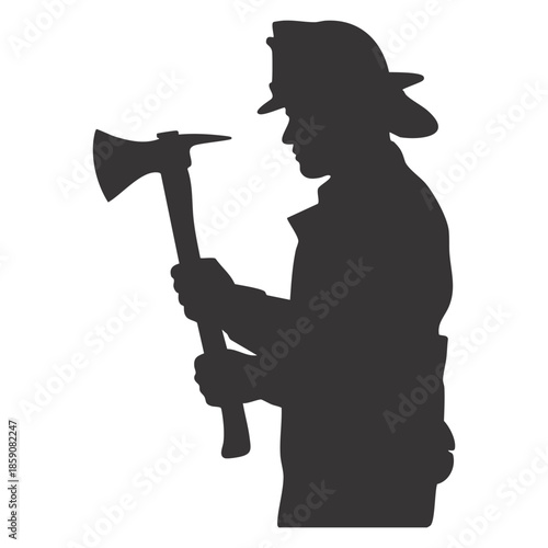Firefighter holding an axe in a ready stance, depicted as a clean black silhouette illustration on white.