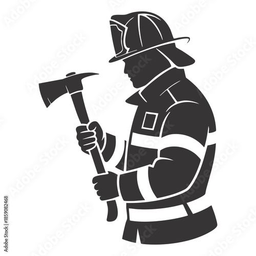 Firefighter in protective gear holding a rescue axe, depicted as a strong black silhouette graphic.