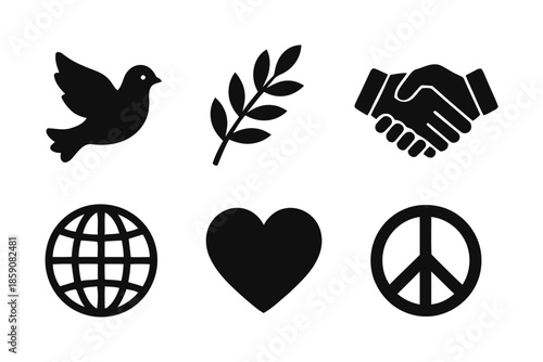 Peace symbols set, including dove, olive branch, heart, and handshake
