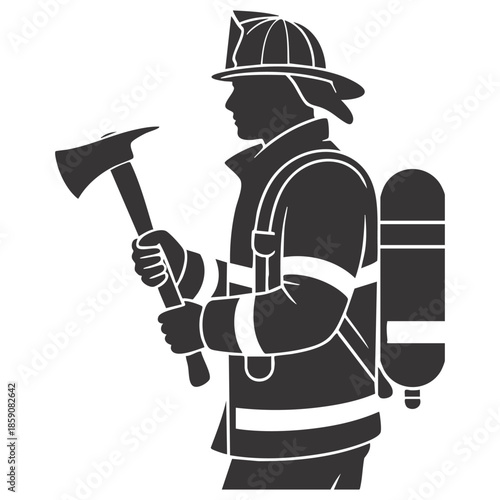 Firefighter in full protective gear with SCBA tank and rescue axe, depicted as a strong black silhouette.