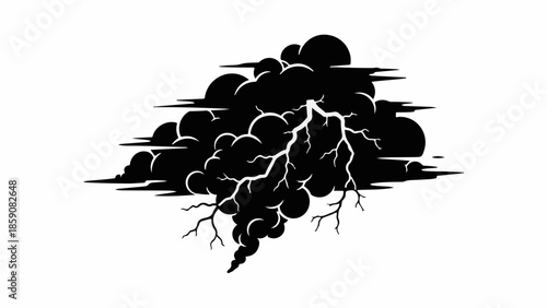 Dramatic black silhouette of a storm cloud with lightning strike on white background, symbolizing power and nature's fury.
