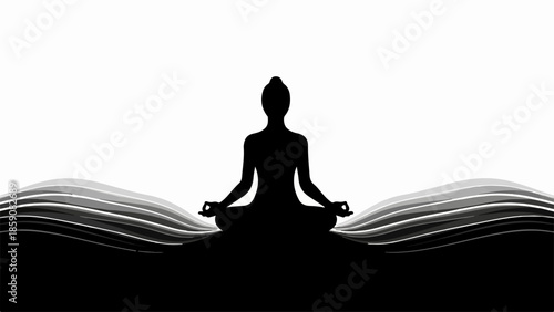 Serene silhouette meditating in lotus pose amidst flowing abstract waves, symbolizing tranquility and mindfulness.