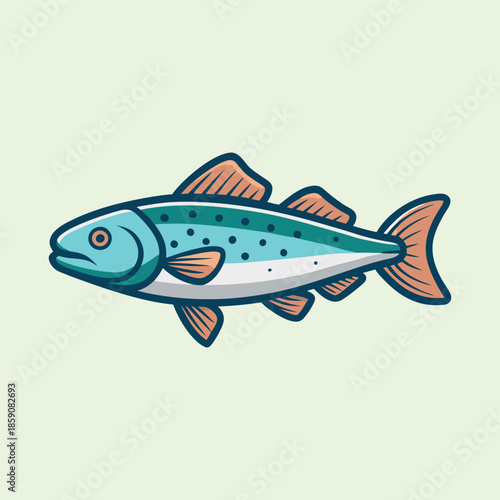 Stylized illustration of a blue trout fish swimming horizontally against light background