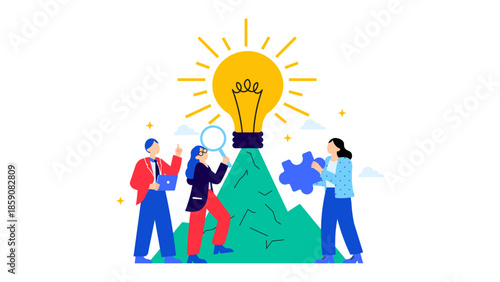 A diverse group of professionals gathers around a glowing lightbulb perched on a mountain, symbolizing teamwork, creativity, and collective problem solving for future success