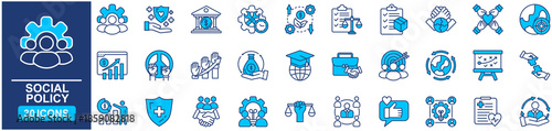 Social policy Web Icon Set in Blue style Flat. vector illustration concept relate to team, business, people, work, teamwork, person, hr, line, vector, group
