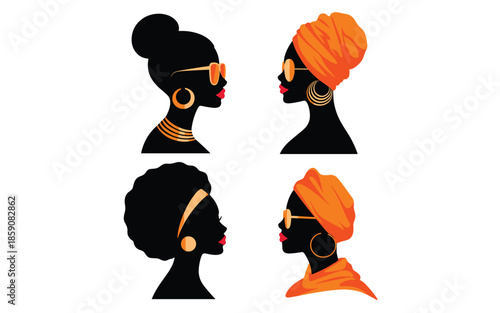 Black Women Silhouettes Set Featuring Afro Hair Turbans And Stylish Orange Accessories Vector