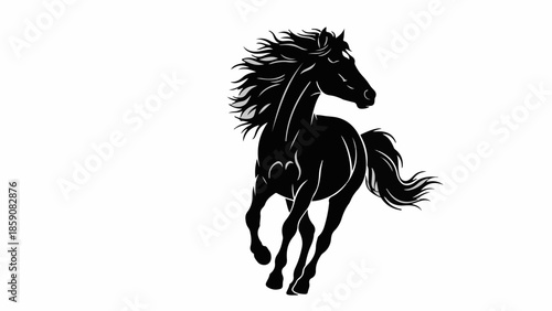 Majestic black stallion running with flowing mane and tail, symbolizing freedom and power.