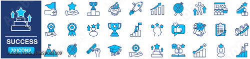 Success set of web icons in Blue style Flat. vector illustration concept relate to purpose, target, goal, competition, strategy, man, hand, symbol, quality 
