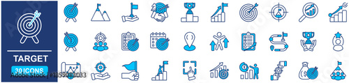 Target set of web icons in Blue style Flat. vector illustration concept relate to sight, line, isolated, financial, businessman, shoot, shot, icon, target, sharpened, mission, scope, person, set, achi