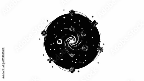 Whimsical swirling cosmic vortex with starry details and floral accents on white background