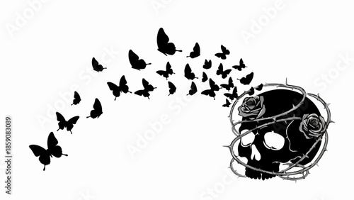 Skull entwined with roses and thorns transforming into a flock of butterflies, symbolizing transformation and rebirth.