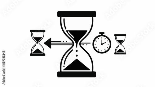 Conceptual illustration of time passing with hourglasses and a clock, symbolizing progress and deadlines.