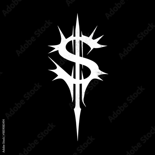Abstract white dollar symbol with spikes on black background