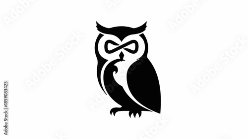 Stylized black owl silhouette with infinity symbol for eyes, representing wisdom and eternity