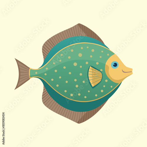 Stylized cartoon flounder with green body and brown fin, swimming in the ocean