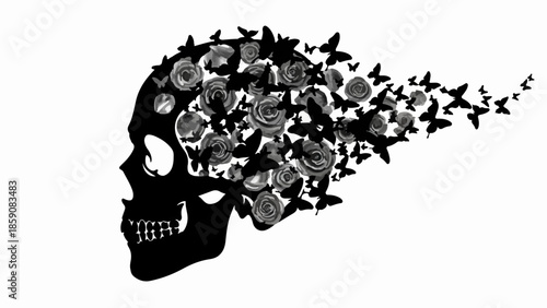 Skull silhouette dissolving into swirling butterflies and roses, symbolizing transformation and release