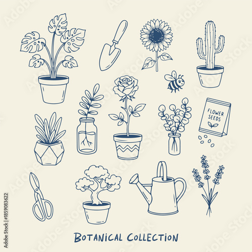 Botanical Collection Illustration – Cute Hand-Drawn Plants, Flowers & Gardening Tools Line Art