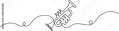 Minimalist continuous one-line drawing of a trumpet icon. Sleek black outline vector of a musical instrument for jazz and orchestra themes.