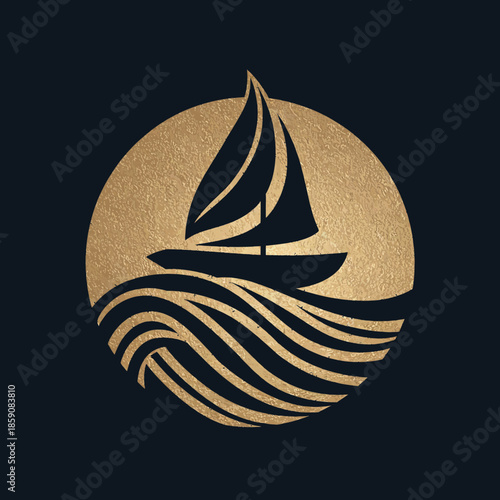 Sailboat emblem on gold textured circle over dark blue background